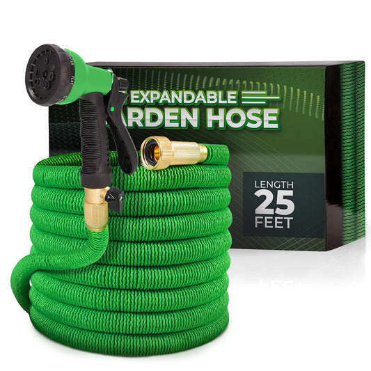 Joeys Garden Expandable Garden Hose with 8 Function Hose Nozzle, Lightweight Anti-Kink Flexible Garden Hoses, Extra Strength Fabric with Double Latex Core (25 FT, Green) 25 Feet