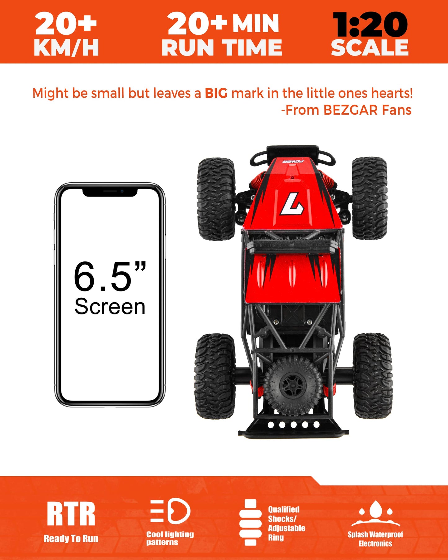 BEZGAR TB201 RC Cars-1:20 Scale Remote Control Car, 2WD High Speed 20 Km/h All Terrains Electric Toy Off Road RC Car Vehicle Truck Crawler with Rechargeable Battery for Boys Kids and Adults Red 1:20 Scale